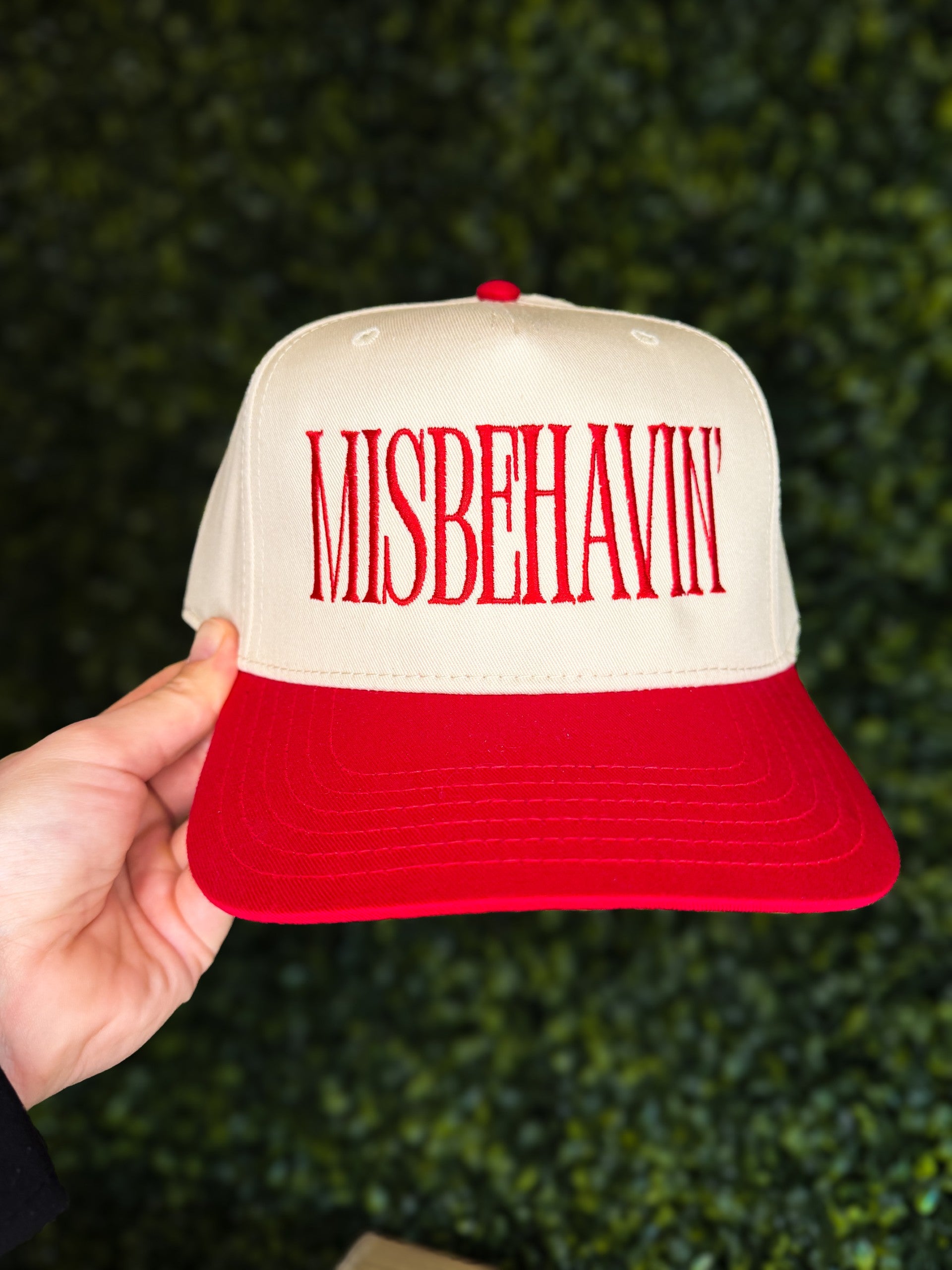 Miss Behavin\' Embroidered Trucker Hat - White & Black with Red Script Miss Behavin\ main image 2