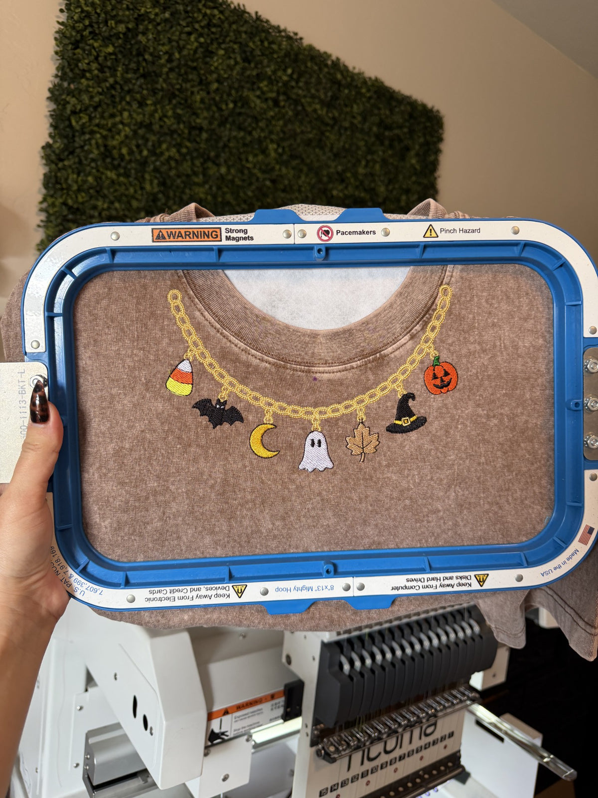 Embroidered Halloween Charm Necklace Tee | Vintage Washed Brown