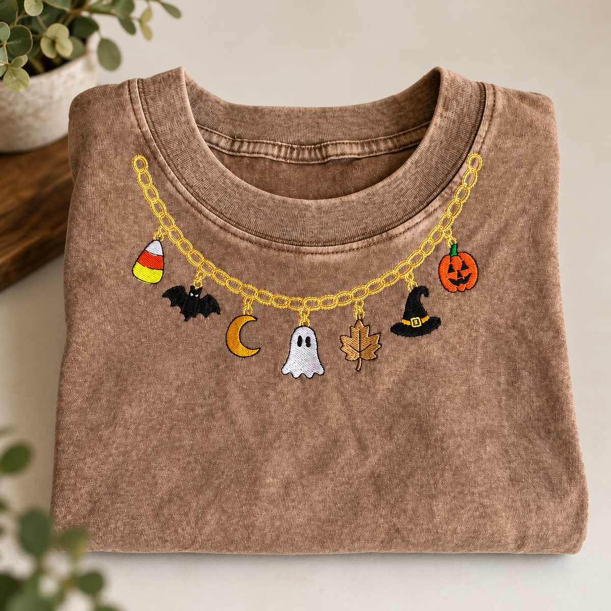 Embroidered Halloween Charm Necklace Tee | Vintage Washed Brown