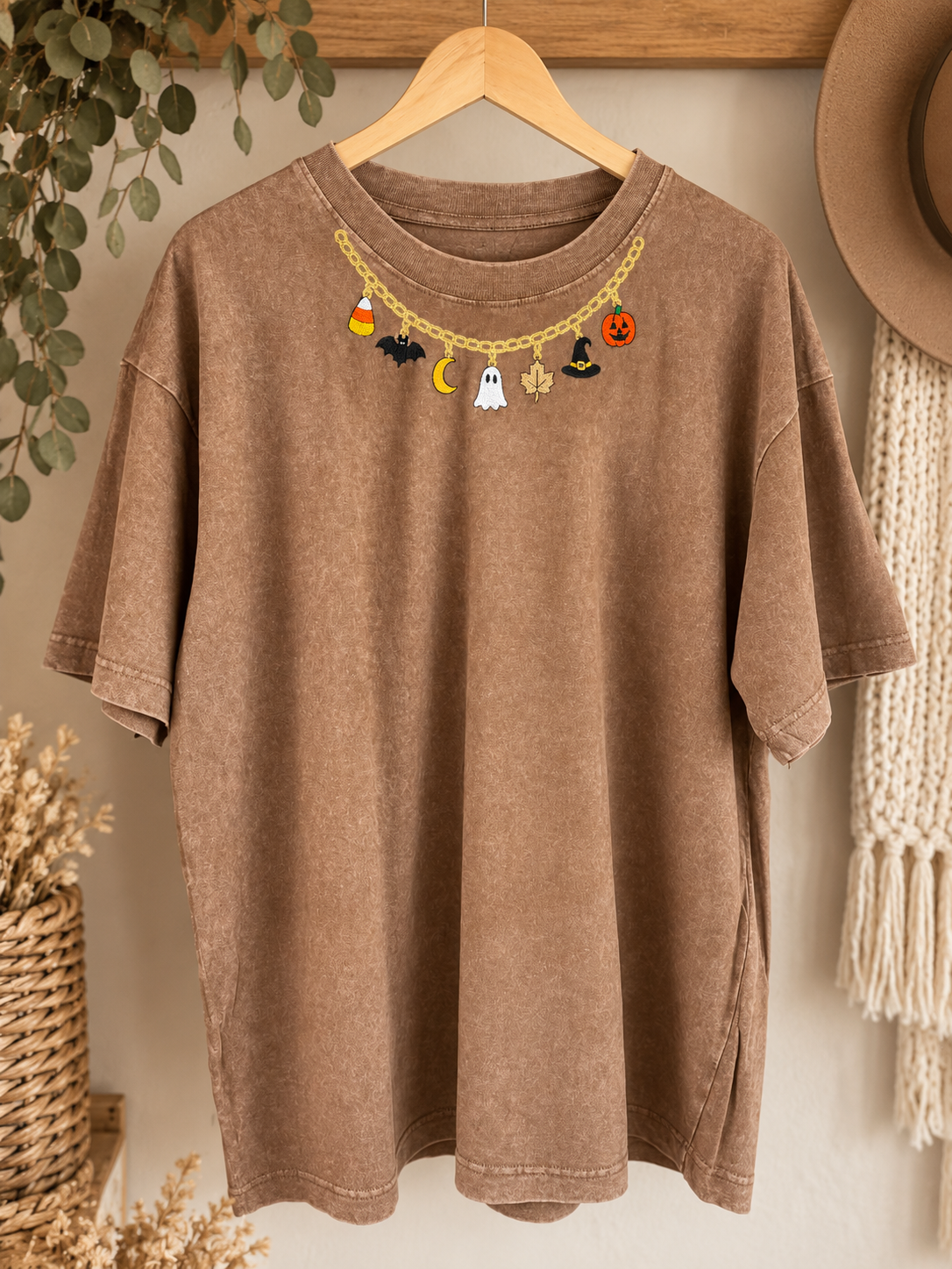 Embroidered Halloween Charm Necklace Tee | Vintage Washed Brown